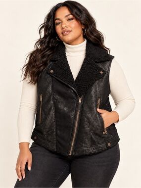 Garcia Jeans Moto Faux Shearling Vest Size L Black